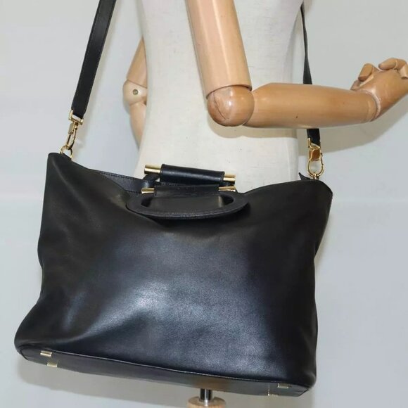 CELINE Hand Bag Leather 2way Black Gold Auth - Picture 4 of 15
